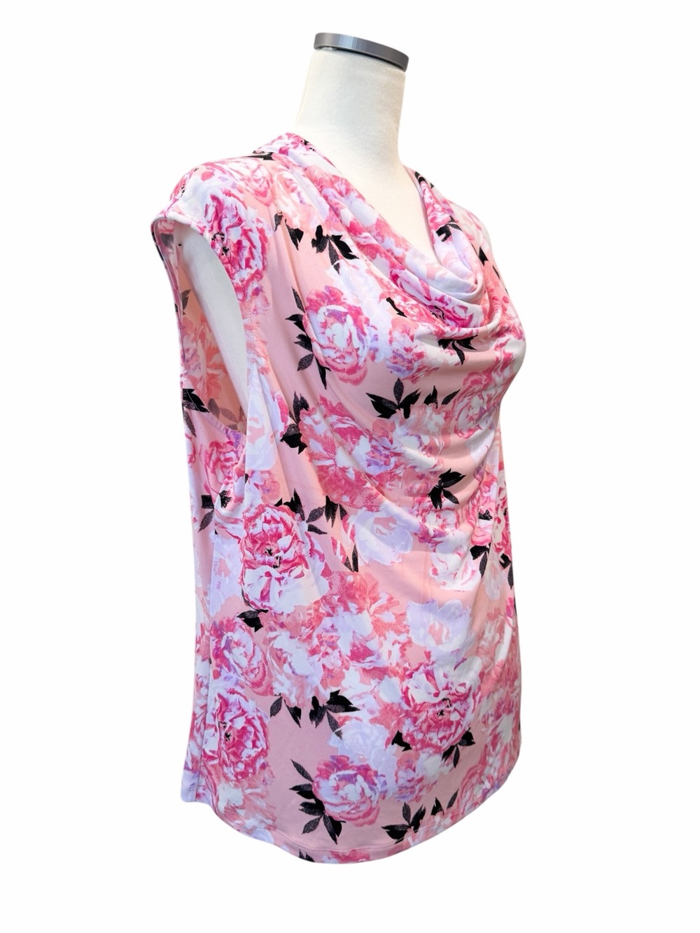 Kasper Floral Cowl Neck Top Cap Sleeve Shell Stretch Knit Pink Petite PXL NWT - Picture 9 of 14